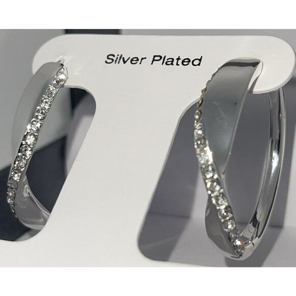 Silver Plated Crystal Twist Hoop Earrings Style Stunning Chic Shiny Intricate - Picture 1 of 16